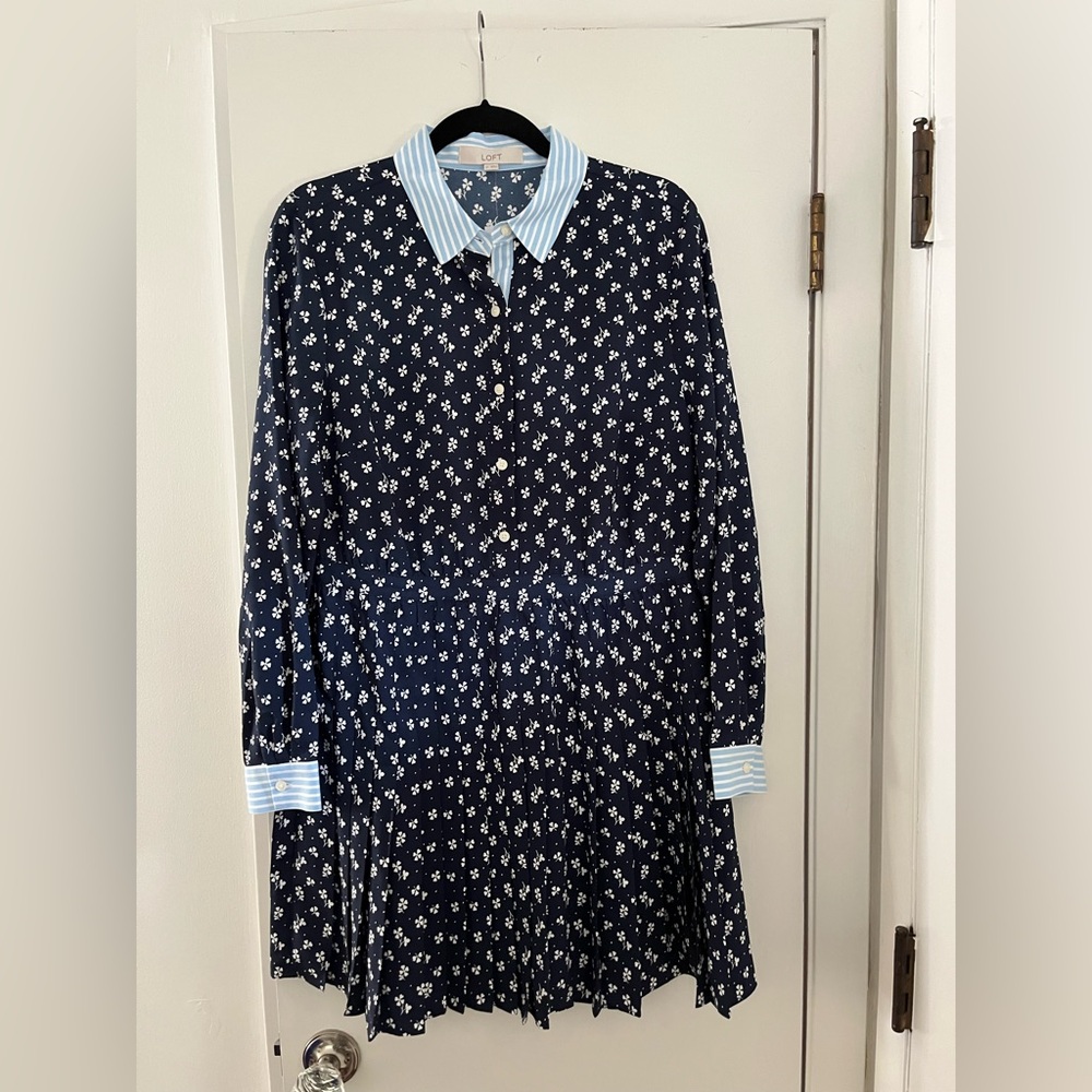 LOFT Navy Floral Button-Front Shirt Dress with Striped Collar NWT
